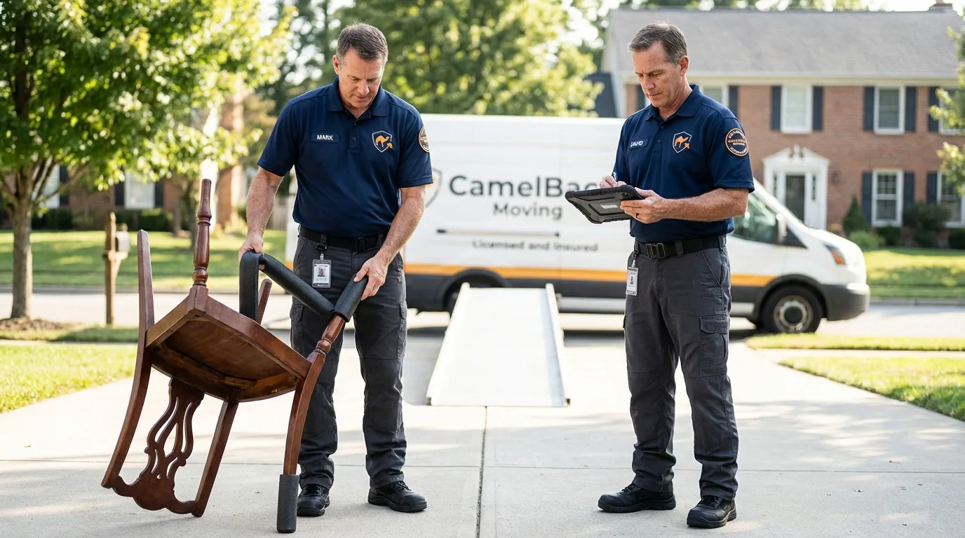 Movers inspecting furniture for damage prevention before loading in Roswell, NM