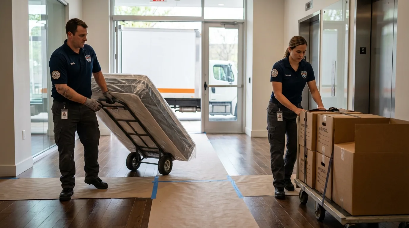 Professional apartment movers loading elevator in Roswell, NM
